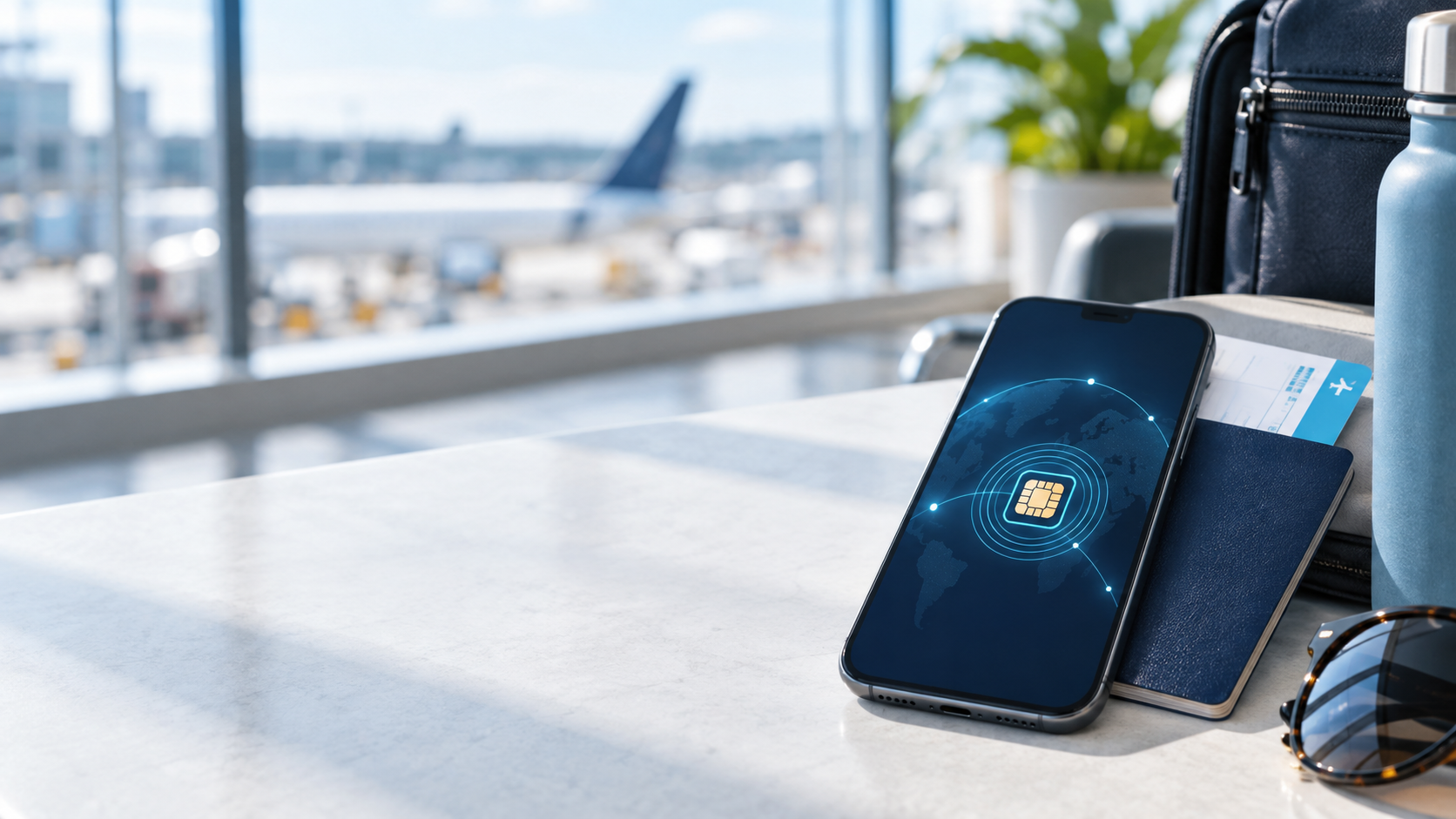 Travel eSIM ready beside travel documents at an airport